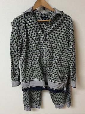 Nautica Jeans Navy and Green Geometric linen blend pant set top: XS, pants:S